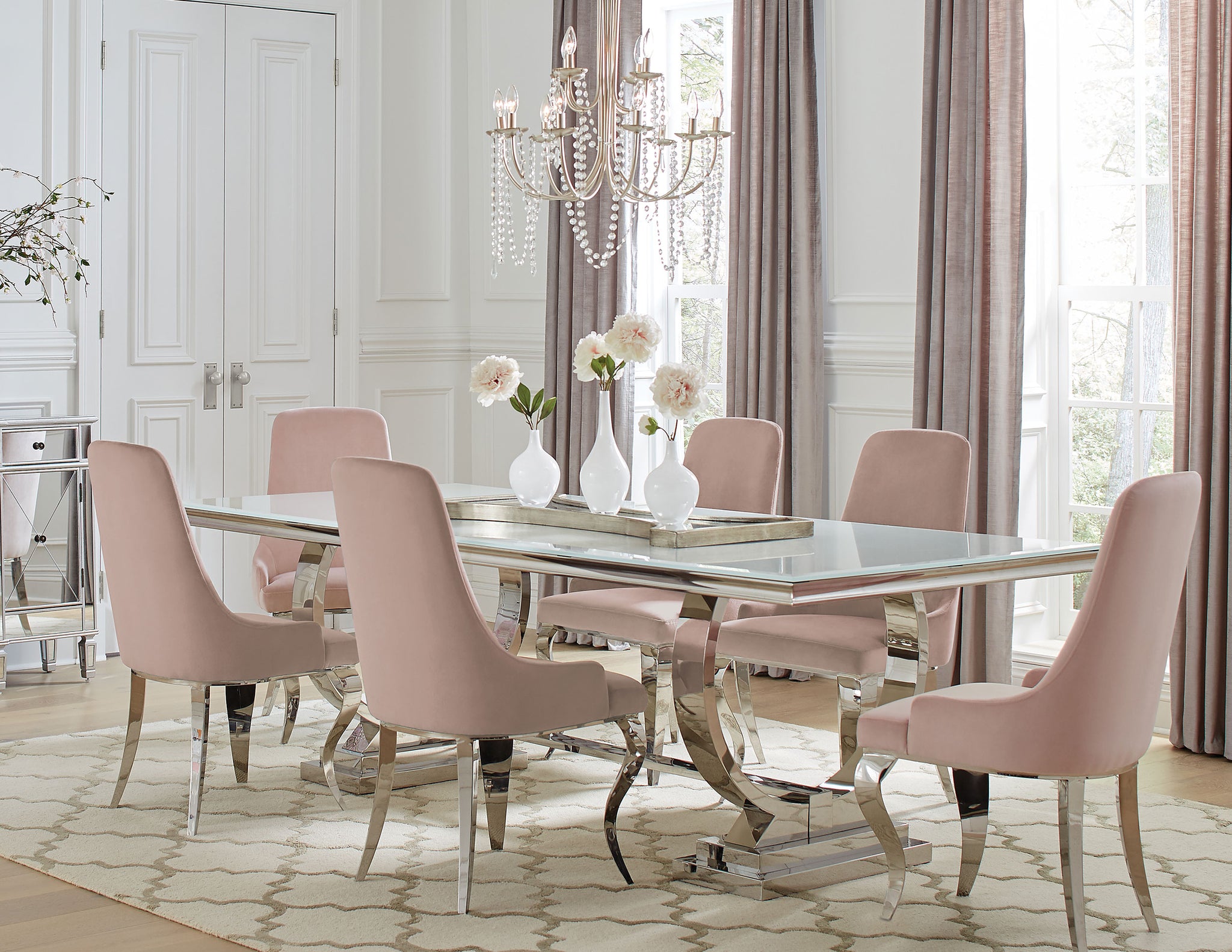 Antoine 7-Piece Rectangular Dining Set Chrome And Pink