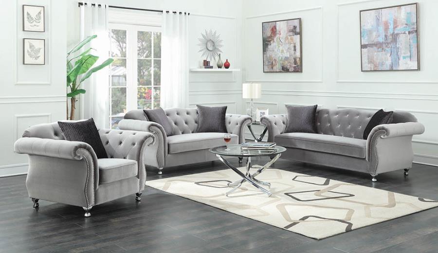 Frostine Upholstered Tufted Living Room Set Silver